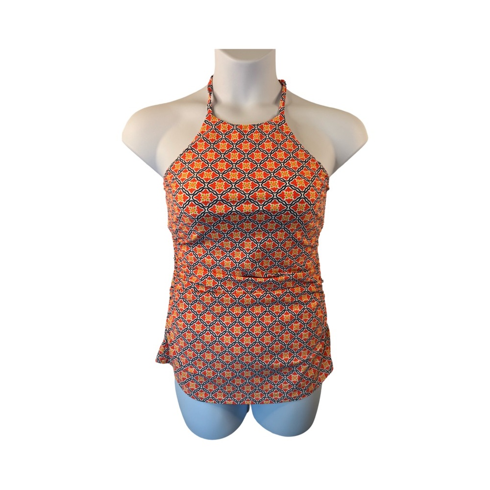 Womens NWT 2 Chilies Orange Floral Tankini Swim Top SZ L Adj High Neck